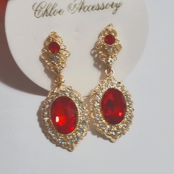 Alloy and crystal inlay earrings, durable earrings, gold color and red stone dan - Picture 4 of 8